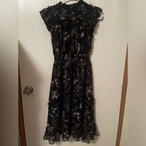 CeCe Black and Lilac Floral Patterned Ruffled Smocked Dress Size PXS